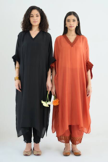 Shop RAAS LIFE Rust Cotton, , Vegan Lace V-neck Angela Solid Kaftan Pant Set Online at Aza Fashions Shop_RAAS LIFE_Rust Cotton, , Vegan Lace V-neck Angela Solid Kaftan Pant Set _Online_at_Aza_Fashions