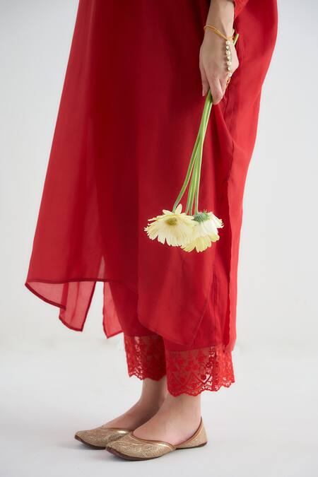 Buy_RAAS LIFE_Red Cotton Satin, Cotton, Vegan Silk Lace V-neck Angela V Kaftan With Pant _Online_at_Aza_Fashions