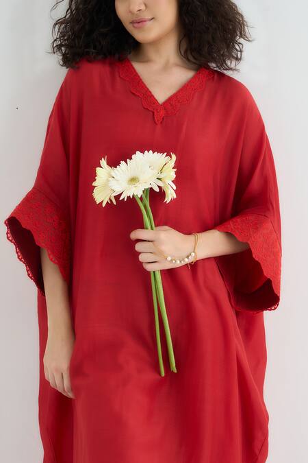 Buy RAAS LIFE Red Cotton, Silk Embroidery, Lace V-neck Kaftan Kurta Online at Aza Fashions Buy_RAAS LIFE_Red Cotton, Silk Embroidery, Lace V-neck Kaftan Kurta _Online_at_Aza_Fashions