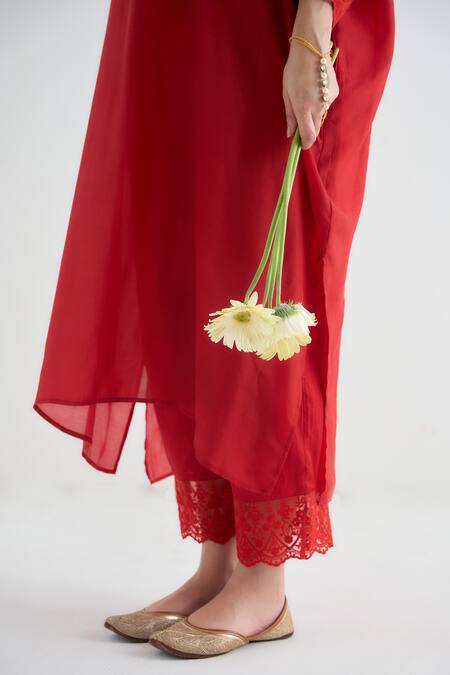 RAAS LIFE_Red Cotton, , Vegan Lace, Embroidery Angela Work Kaftan Pant Set _Online_at_Aza_Fashions