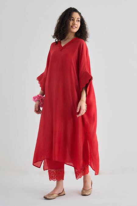 Buy_RAAS LIFE_Red Cotton, , Vegan Lace, Embroidery Angela Work Kaftan Pant Set _Online_at_Aza_Fashions