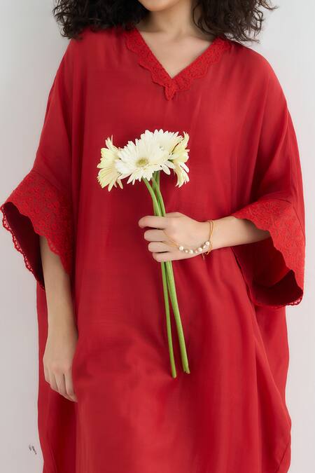 RAAS LIFE_Red Cotton, , Vegan Lace, Embroidery Angela Work Kaftan Pant Set _at_Aza_Fashions