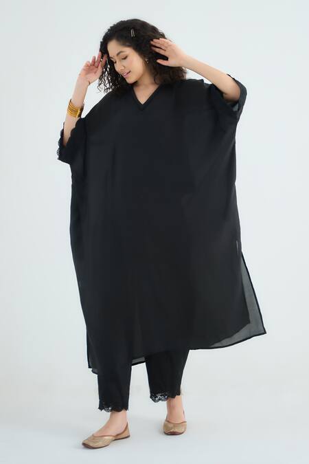 Buy_RAAS LIFE_Black Cotton, , Vegan Lace V-neck Angela Kaftan Set With Ombre Dupatta _Online_at_Aza_Fashions