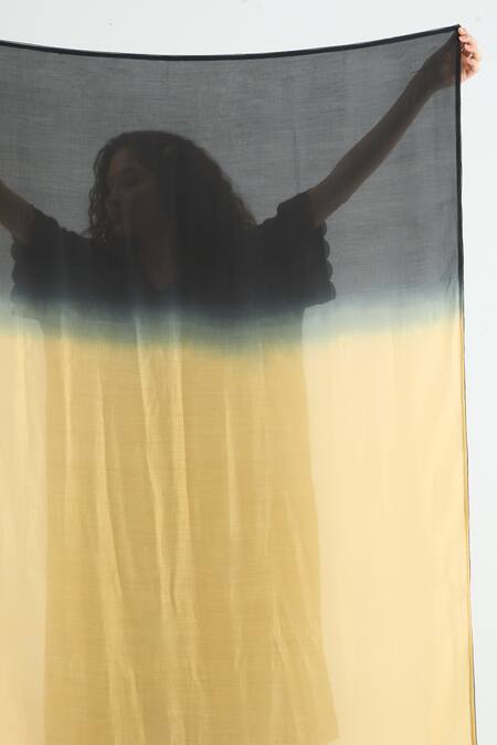 RAAS LIFE_Black Cotton, , Vegan Lace V-neck Angela Kaftan Set With Ombre Dupatta _at_Aza_Fashions