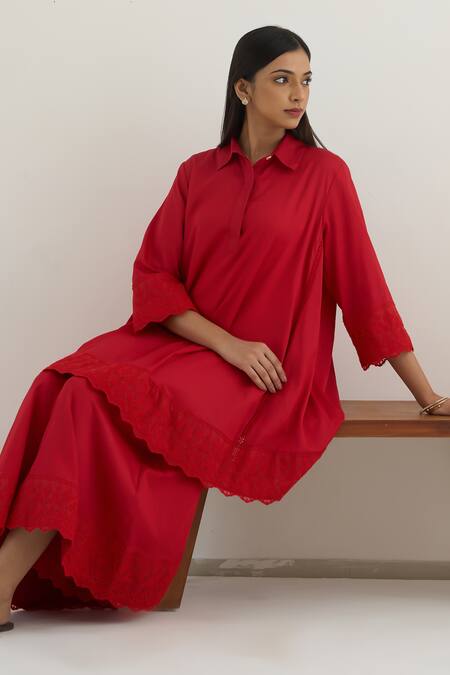 Buy RAAS LIFE Red Vegan Silk Lace Collared Bluebell Work Tunic And Pant Set Online at Aza Fashions Buy_RAAS LIFE_Red Vegan Silk Lace Collared Bluebell Work Tunic And Pant Set _Online_at_Aza_Fashions
