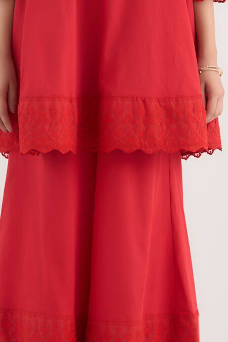 Shop RAAS LIFE Red Vegan Silk Lace Collared Bluebell Work Tunic And Pant Set Online at Aza Fashions Shop_RAAS LIFE_Red Vegan Silk Lace Collared Bluebell Work Tunic And Pant Set _Online_at_Aza_Fashions