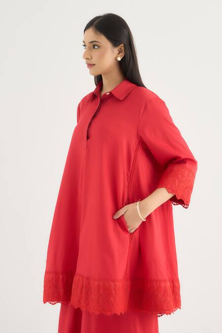 RAAS LIFE Red Vegan Silk Lace Collared Bluebell Work Tunic And Pant Set at Aza Fashions RAAS LIFE_Red Vegan Silk Lace Collared Bluebell Work Tunic And Pant Set _at_Aza_Fashions