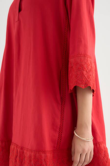 Buy RAAS LIFE Red Vegan Silk Lace Collared Bluebell Work Tunic And Pant Set Buy_RAAS LIFE_Red Vegan Silk Lace Collared Bluebell Work Tunic And Pant Set