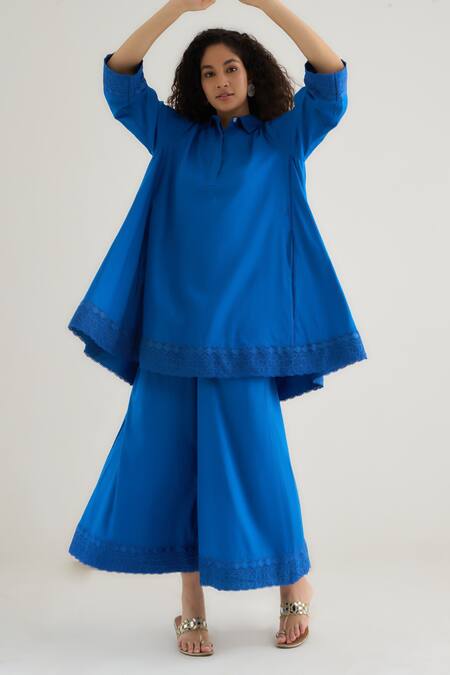 RAAS LIFE Blue Vegan Silk Lace Collared Bluebell Work Tunic And Pant Set Online at Aza Fashions RAAS LIFE_Blue Vegan Silk Lace Collared Bluebell Work Tunic And Pant Set _Online_at_Aza_Fashions