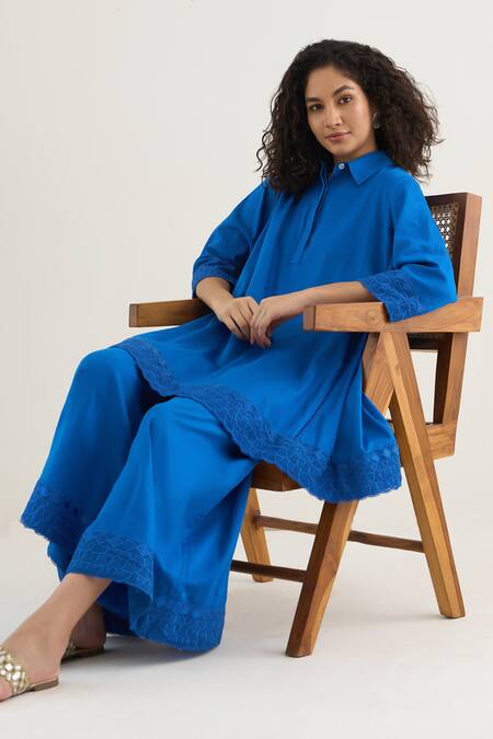 Shop RAAS LIFE Blue Vegan Silk Lace Collared Bluebell Work Tunic And Pant Set Online at Aza Fashions Shop_RAAS LIFE_Blue Vegan Silk Lace Collared Bluebell Work Tunic And Pant Set _Online_at_Aza_Fashions