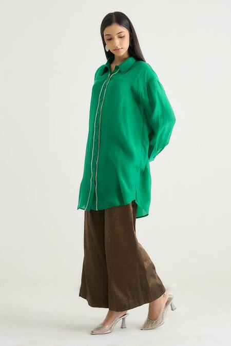 RAAS LIFE_Green Cotton, Silk Beads Collared Daffodil Tunic _Online_at_Aza_Fashions