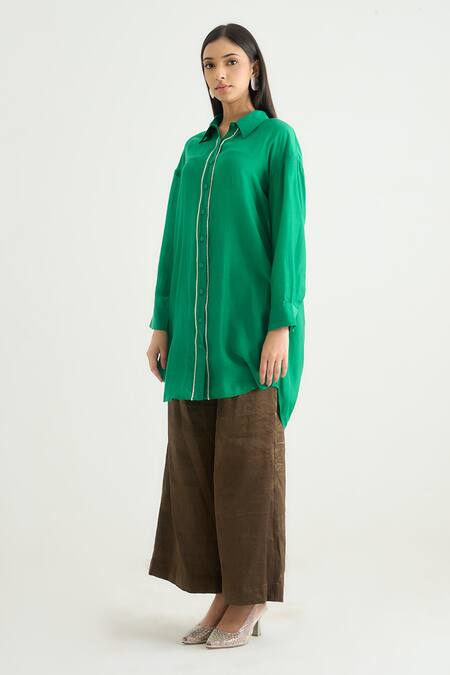 Buy_RAAS LIFE_Green Cotton, Silk Beads Collared Daffodil Tunic _Online_at_Aza_Fashions