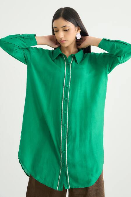 Shop_RAAS LIFE_Green Cotton, Silk, Tissue Beads, Zari Collared Daffodil Tunic Pant Set _Online_at_Aza_Fashions