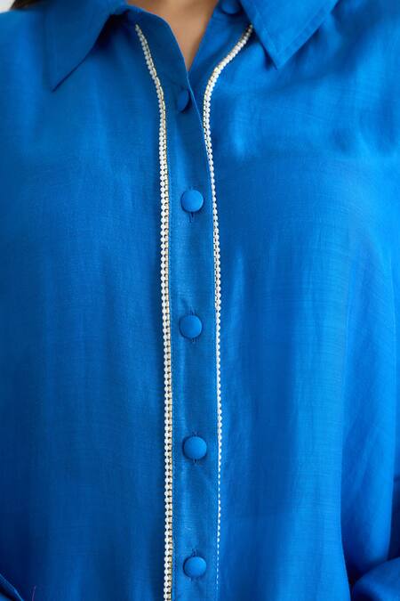 Buy_RAAS LIFE_Blue Cotton, Silk Beads Collared Daffodil Tunic _Online_at_Aza_Fashions