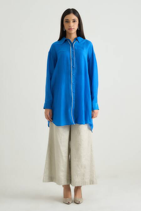 Shop_RAAS LIFE_Blue Cotton, Silk Beads Collared Daffodil Tunic _Online_at_Aza_Fashions