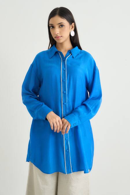Shop RAAS LIFE Blue Tissue Beads, Zari Collared, Daffodil Cotton Silk Tunic And Pant Set Online at Aza Fashions Shop_RAAS LIFE_Blue Tissue Beads, Zari Collared, Daffodil Cotton Silk Tunic And Pant Set _Online_at_Aza_Fashions