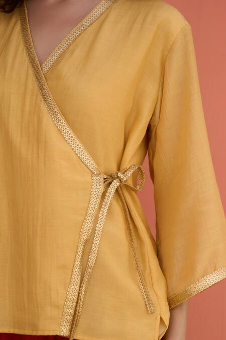 RAAS LIFE Yellow Cotton, Silk Lace, Sequins V-neck Pansy Overlap Top Online at Aza Fashions RAAS LIFE_Yellow Cotton, Silk Lace, Sequins V-neck Pansy Overlap Top _Online_at_Aza_Fashions