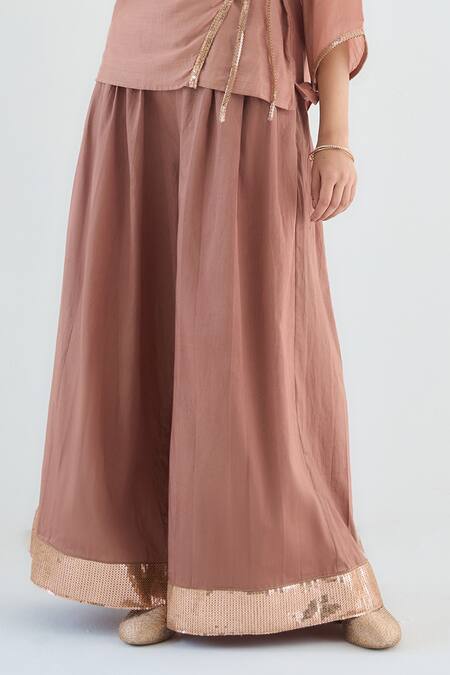 RAAS LIFE_Pink Cotton, , Vegan Sequins, Lace Pansy Kaveri Overlap Top And Pant Set _Online_at_Aza_Fashions