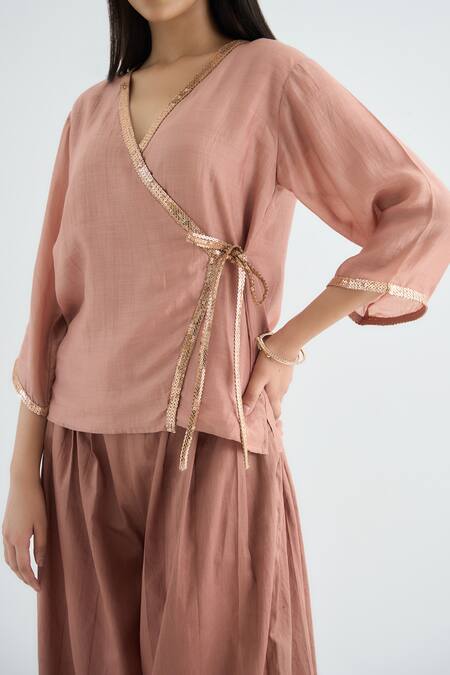 Buy_RAAS LIFE_Pink Cotton, , Vegan Sequins, Lace Pansy Kaveri Overlap Top And Pant Set _Online_at_Aza_Fashions