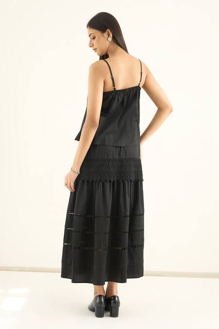 RAAS LIFE_Black Vegan Silk Lace V-neck Beauty Cutout Skirt Set _Online_at_Aza_Fashions