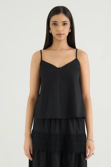 Shop_RAAS LIFE_Black Vegan Silk Lace V-neck Beauty Cutout Skirt Set _Online_at_Aza_Fashions