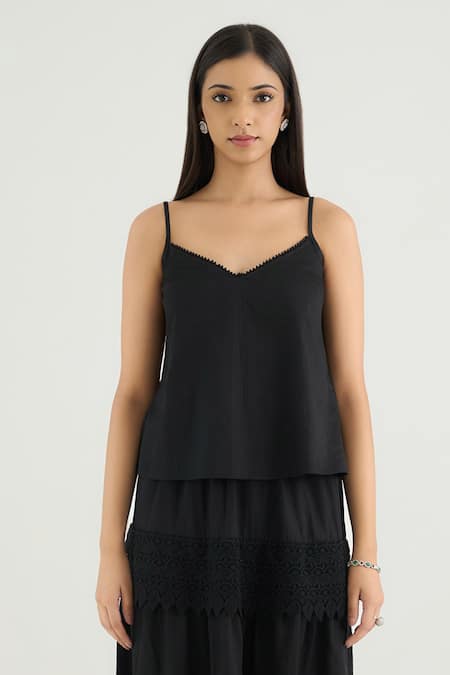 RAAS LIFE_Black Vegan Silk Lace V-neck Beauty Top Skirt Set _Online_at_Aza_Fashions