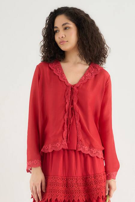 RAAS LIFE_Red Cotton, , Vegan Lace V-neck Beauty Sleeveless Top Skirt Set _Online_at_Aza_Fashions