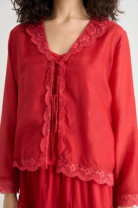 Shop_RAAS LIFE_Red Cotton, , Vegan Lace V-neck Beauty Sleeveless Top Skirt Set _Online_at_Aza_Fashions