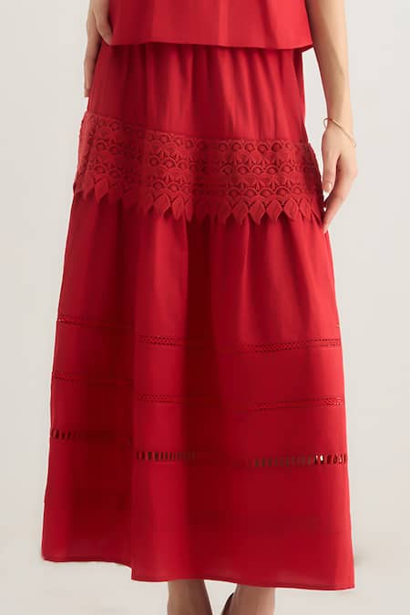Buy_RAAS LIFE_Red Vegan Silk Lace, Embroidery, Cut Work Black Beauty Sleeveless Top With Skirt _Online_at_Aza_Fashions