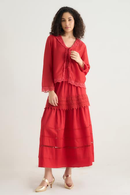 RAAS LIFE_Red Vegan Silk Lace, Cut Work Beauty Cutout Panelled Skirt _Online_at_Aza_Fashions