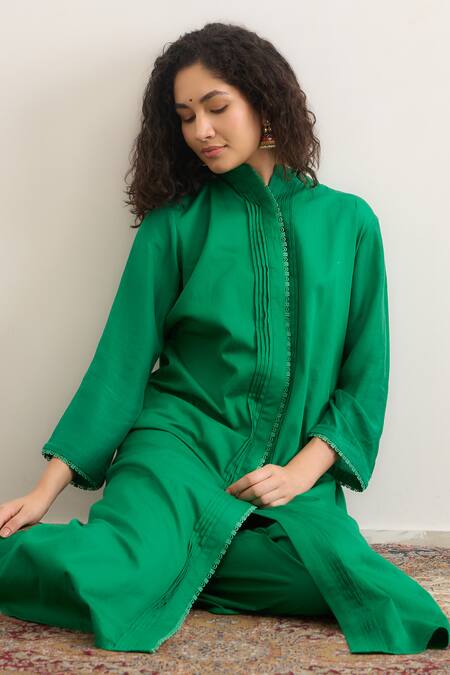 RAAS LIFE_Green Vegan Silk Lace Mandarin Collar Gloria Pleated Panelled Kurta _at_Aza_Fashions