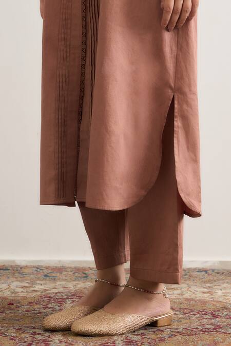 Shop_RAAS LIFE_Pink Vegan Silk Mandarin Collar Gloria Pleated Panelled Kurta And Pant Set _Online_at_Aza_Fashions