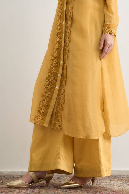 RAAS LIFE_Yellow Cotton, , Vegan Lace Split V-neck Heer Work Kurta Pant Set _Online_at_Aza_Fashions