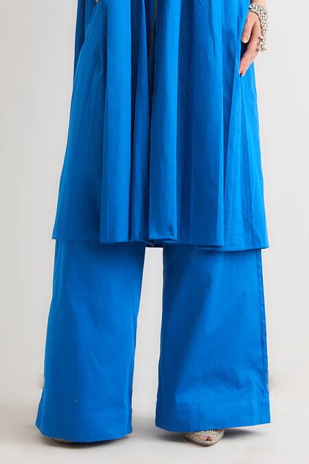 Buy_RAAS LIFE_Blue Vegan Silk Beads V-neck Passion Flower Notched Collar Jacket Pant Set _Online_at_Aza_Fashions