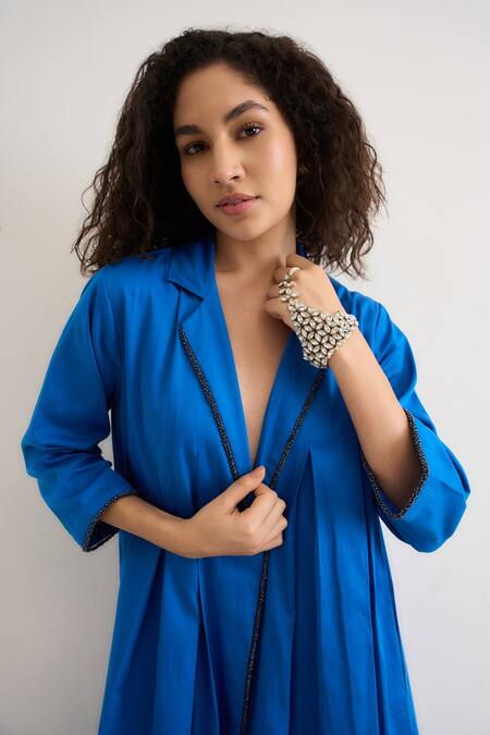 RAAS LIFE_Blue Vegan Silk Beads Notched Neck Passion Flower Collar Jacket _Online_at_Aza_Fashions