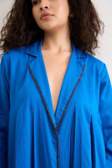 Shop_RAAS LIFE_Blue Vegan Silk Beads Notched Neck Passion Flower Collar Jacket _Online_at_Aza_Fashions