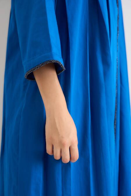 RAAS LIFE_Blue Vegan Silk Beads Notched Neck Passion Flower Collar Jacket _at_Aza_Fashions