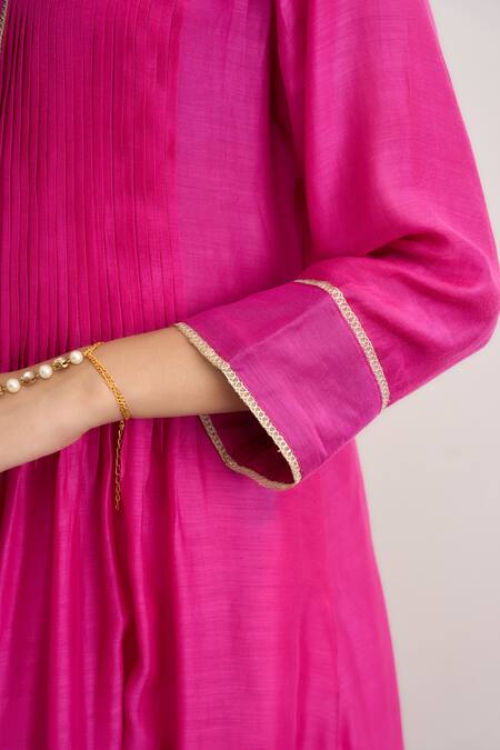 Buy_RAAS LIFE_Fuchsia Cotton, Vegan Silk Lace Round Neck Tulip Pleated Kurta Set _Online_at_Aza_Fashions