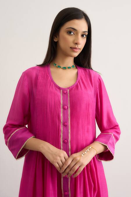 Shop_RAAS LIFE_Fuchsia Cotton, Silk Lace Round Neck Tulip Pleated Kurta _Online_at_Aza_Fashions