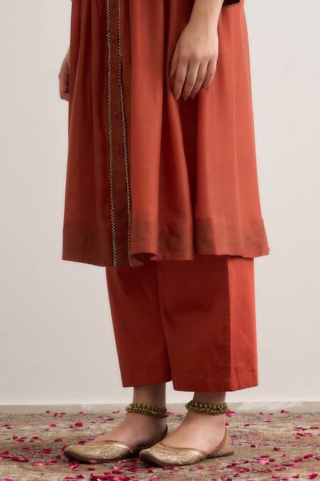 RAAS LIFE_Rust Cotton, , Vegan Lace Round Neck Tulip Pleated Kurta Set _at_Aza_Fashions