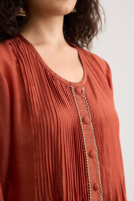 Shop_RAAS LIFE_Rust Cotton, , Vegan Lace Round Neck Tulip Pleated Kurta Set 