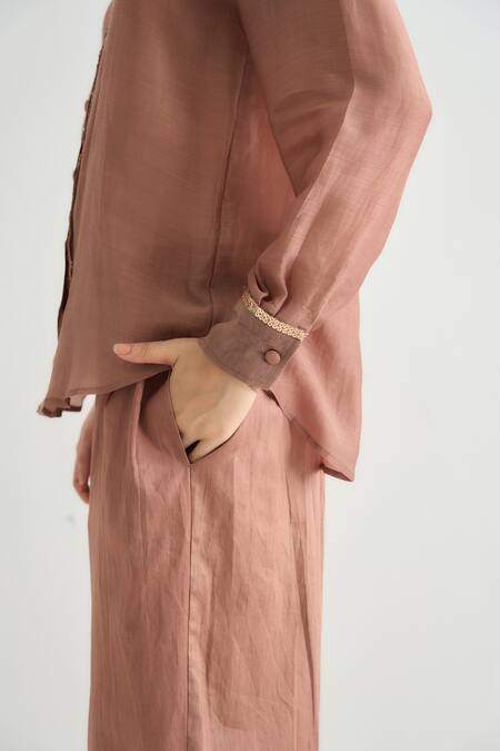 RAAS LIFE_Pink Cotton, , Vegan Ginger Embellished Placket Shirt And Pant Set _at_Aza_Fashions
