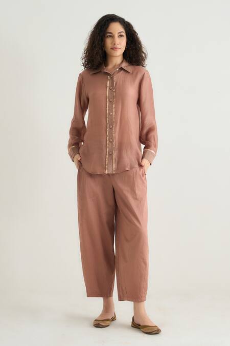 RAAS LIFE_Pink Cotton, Silk Sequins Collared Ginger Embellished Placket Shirt _Online_at_Aza_Fashions