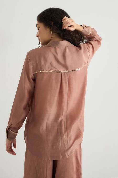 Shop_RAAS LIFE_Pink Cotton, Silk Sequins Collared Ginger Embellished Placket Shirt _Online_at_Aza_Fashions