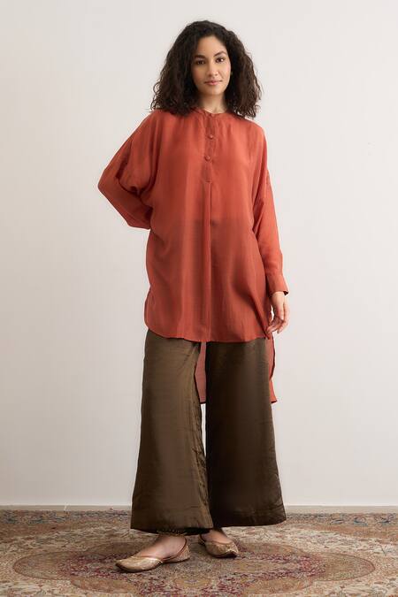 Shop_RAAS LIFE_Rust Cotton, Silk Mandarin Collar Salvia Top _Online_at_Aza_Fashions