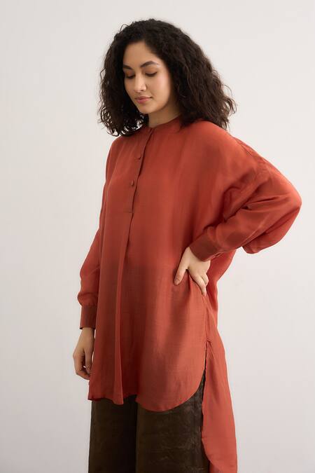 RAAS LIFE_Orange Cotton, Silk, Tissue Mandarin Collar Salvia High Low Top Pant Set _Online_at_Aza_Fashions