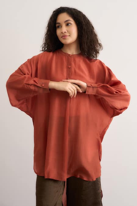 Buy_RAAS LIFE_Orange Cotton, Silk, Tissue Mandarin Collar Salvia High Low Top Pant Set _Online_at_Aza_Fashions