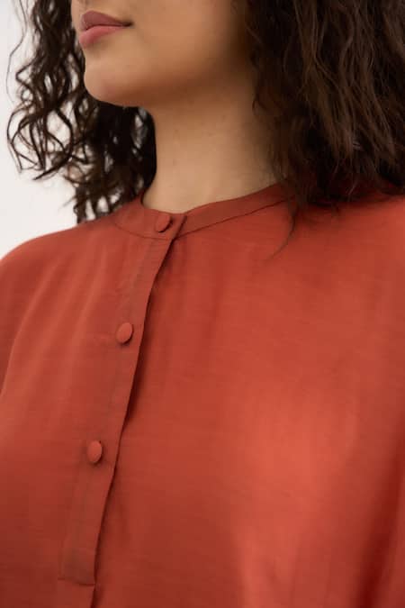 Shop_RAAS LIFE_Orange Cotton, Silk, Tissue Mandarin Collar Salvia High Low Top Pant Set _Online_at_Aza_Fashions