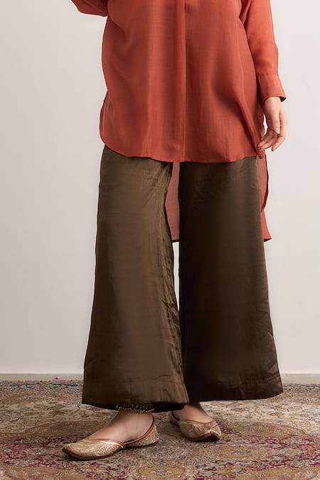 RAAS LIFE_Orange Cotton, Silk, Tissue Mandarin Collar Salvia High Low Top Pant Set _at_Aza_Fashions