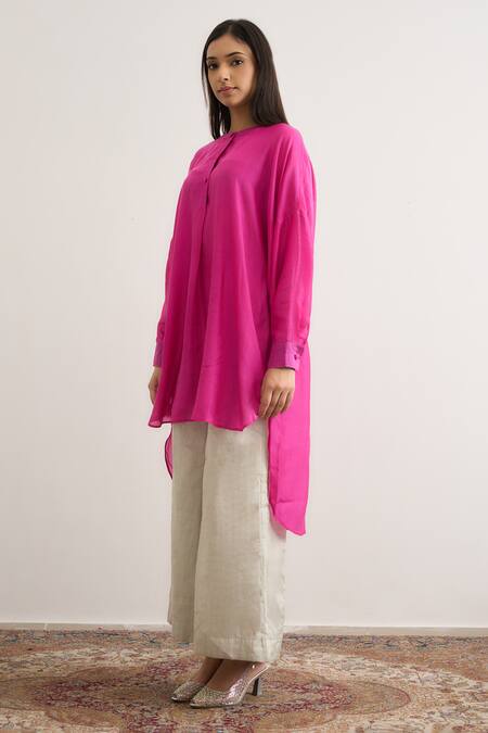 RAAS LIFE_Fuchsia Cotton, Silk Mandarin Collar Salvia Top _Online_at_Aza_Fashions
